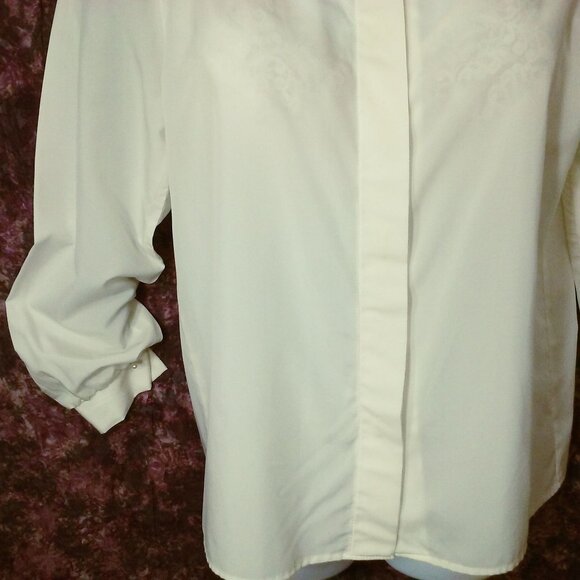 Vintage 80s Jonathan Logan Blouse Top -10 Buttons Pleats MockNeck Puff LSL Ivory - Picture 4 of 9